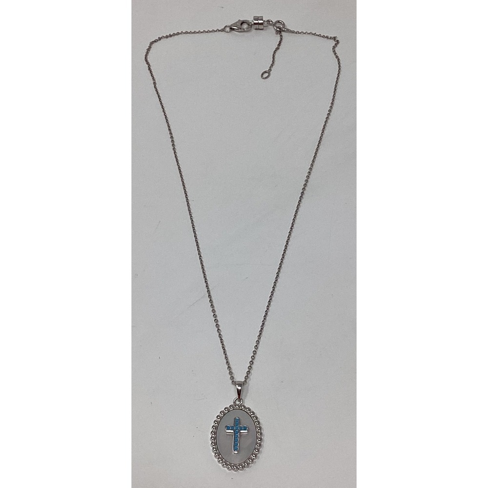 Milor Italy 925 Sterling Silver Turquoise Cross Mother of Pearl Oval Necklace